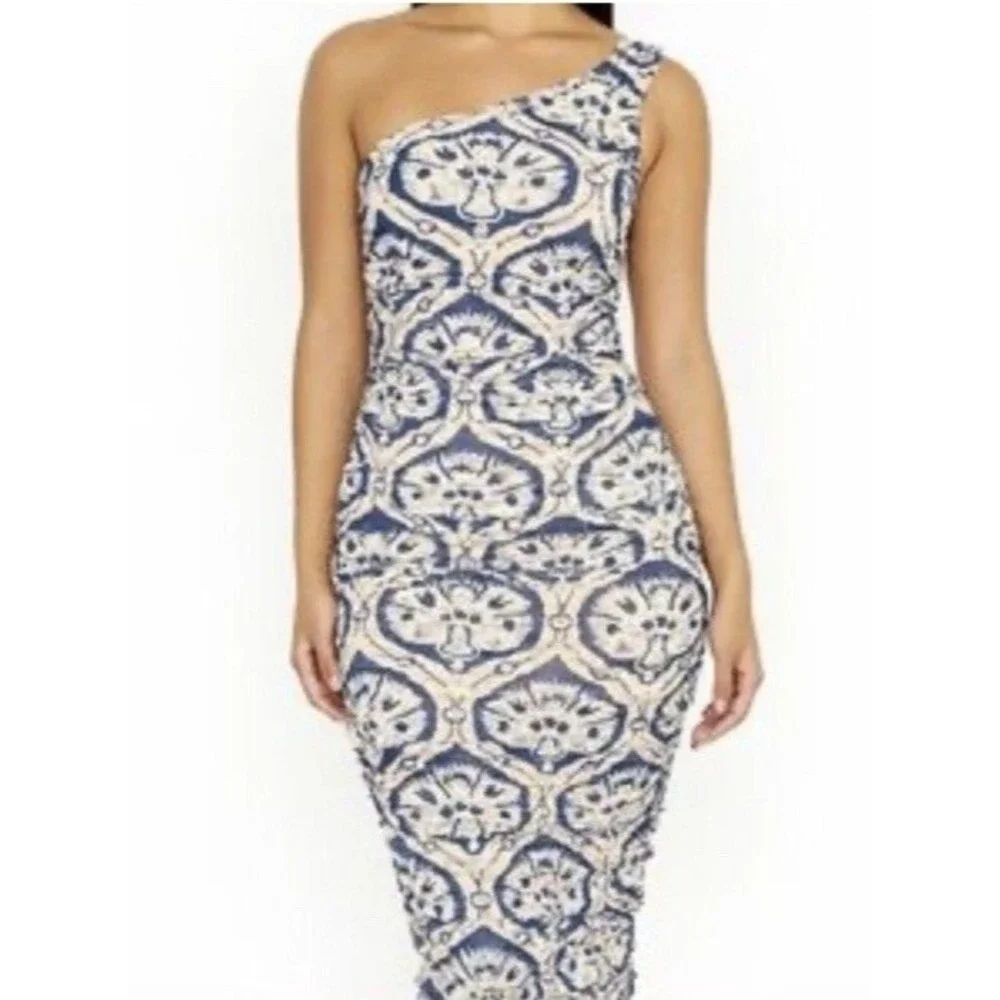 House of Harlow 1960 One Shoulder Ruched Midi Dress Blue Cream Print Size Small